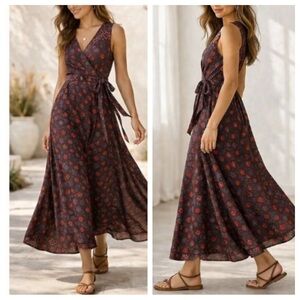 Natalie Martin Purple Floral Silk Wrap Maxi Dress Size Small 36197